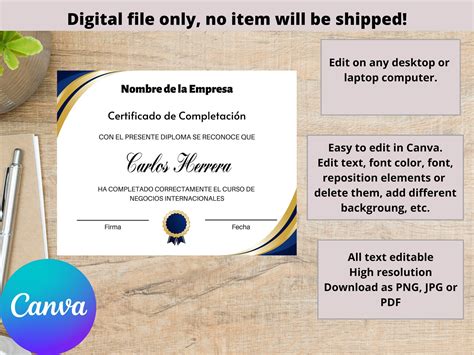 Certificado Completacion Plantilla Editable Canva Spanish Certificate