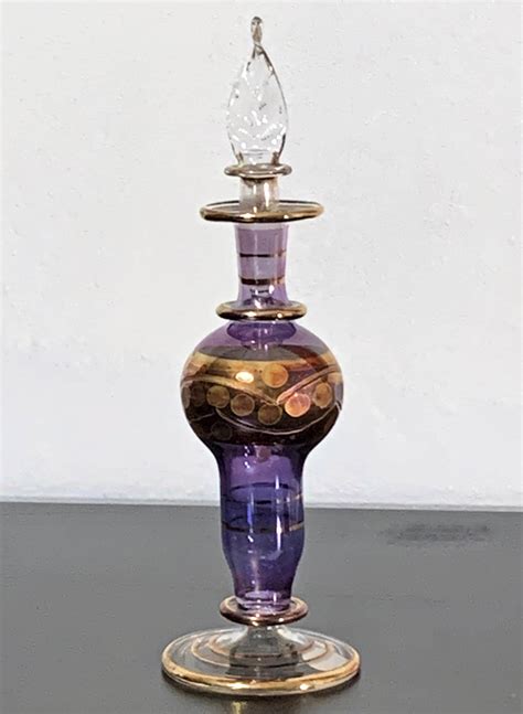 Vintage Egyptian Hand Blown Glass Perfume Bottle Etched Pattern Accented With Purple Blue And