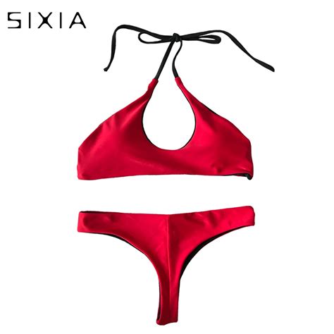 Buy Red Solid Tong Low Waist Bikini Triangle Bikini Summer Female Brazilian