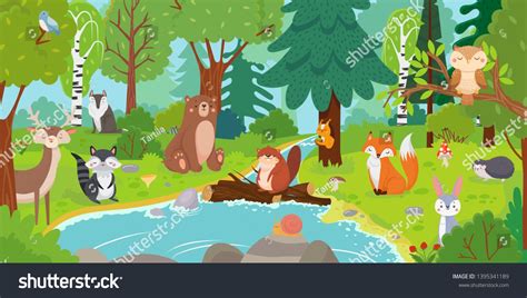 Cartoon Forest Animals Wild Bear Funny Squirrel And Cute Birds On