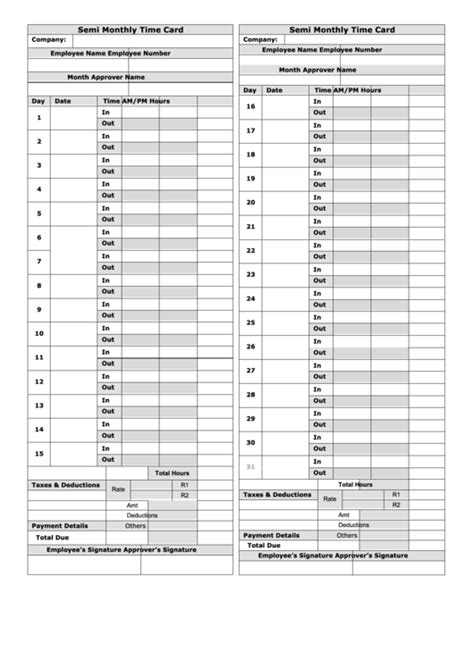 Semi Monthly Time Card Template Printable Pdf Download