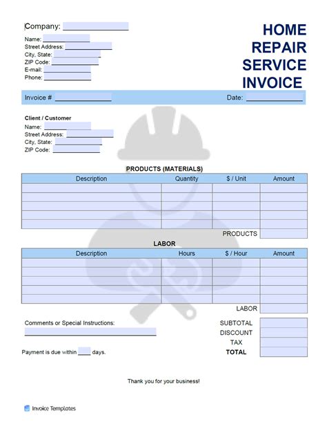 Free Printable Home Repair Invoice Template