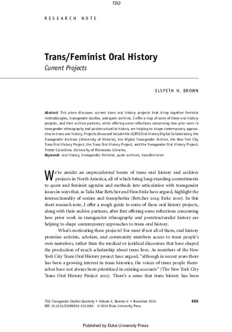 Pdf Trans Feminist Oral History Current Projects The Lgbtq Oral History Digital