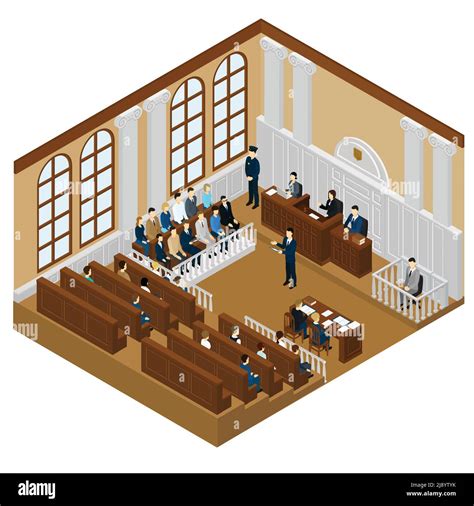Isometric Judicial System Concept With Judge Lawyer Suspect Witnesses