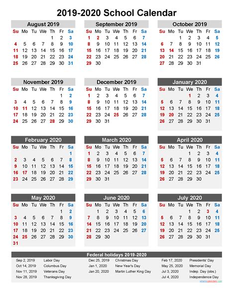 School Calendar 2019 And 2020 Printable Portrait Template Noscl20a26