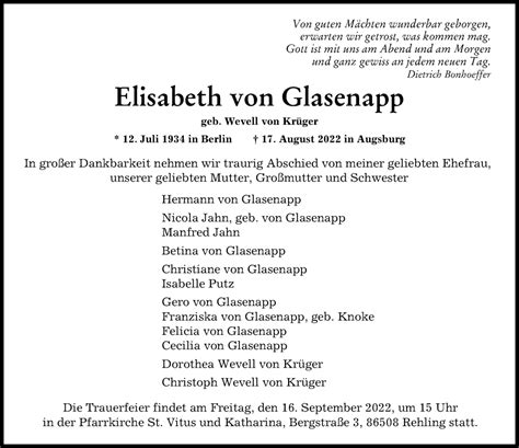 traueranzeigen von elisabeth von glasenapp augsburger allgemeine zeitung