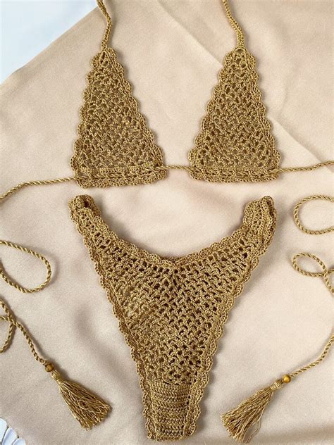 crochet extreme micro bikini golden see through string sexy etsy my xxx hot girl