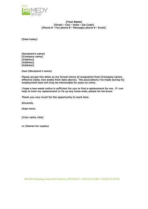 weeks notice resignation letter template printable