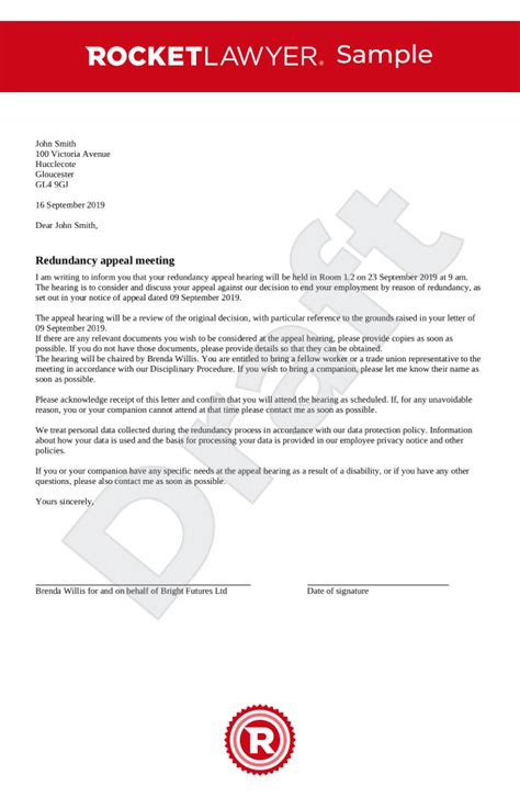Invitation To A Redundancy Appeal Meeting Uk Template