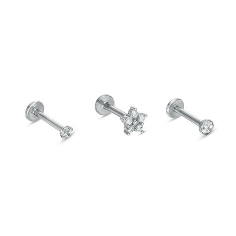 016 Gauge Cubic Zirconia And Crystal Three Piece Labret Set In Stainless Steel 516