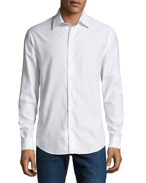 Emporio Armani Linen Mens Tonal Chevron Sport Shirt In White Pattern