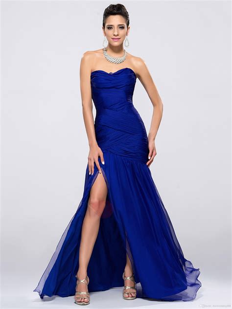 Sexy Royal Blue Chiffon Strapless Ruffles Mermaid Evening Dresses Homecoming Prom Pageant