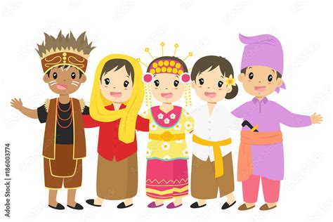Indonesian Children Boys And Girls Wearing Traditional Dress Cartoon