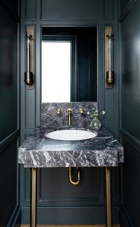 Black Powder Room With Brass And Black Marble Washstand Modern Bathroom
