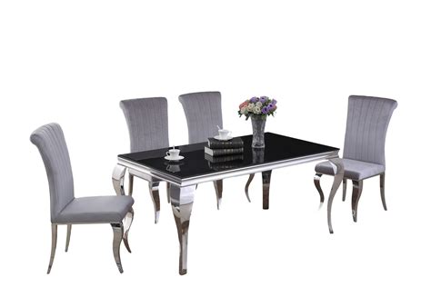 Lola 120 cm round dining table + 4 scroll back velvet chairs. 160cm Black glass dining table & 6 grey velvet chairs ...