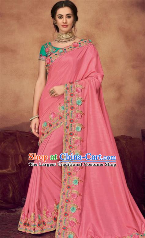 Indian Traditional Court Bollywood Embroidered Pink Veil Sari Dress Asian India National