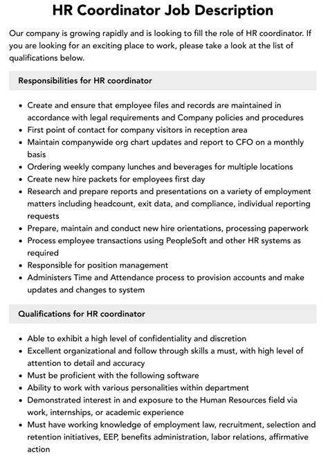 Hr Coordinator Job Description Velvet Jobs