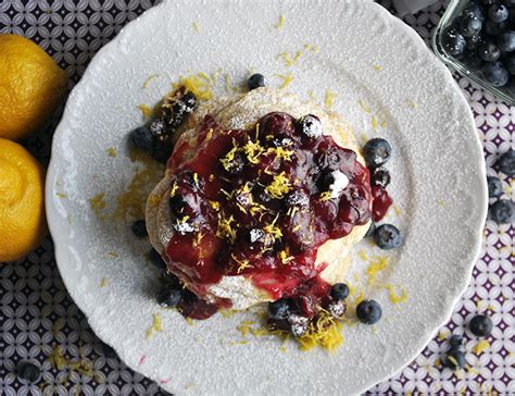 Lemon Ricotta Pancakes With Blueberry Sauce Of Batter And Dough