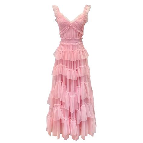 Light Pink Layered Ruffle Trim Drop Waist Spaghetti Strap Maxi Dress in