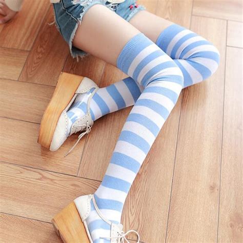 buy 2017 superior quality sexy women girl striped cotton thigh high stocking