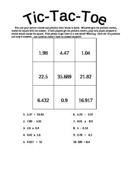 1st grade math worksheets arranged according to grade 1 topics. Tic-Tac-Toe: Decimals (all operations) by Amber Wimberly | TpT