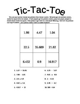 Worksheets are tic tac toe math, tic tac toe writing activit. Tic-Tac-Toe: Decimals (all operations) by Amber Wimberly | TpT