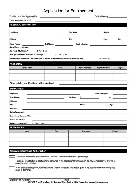 free printable application for employment template