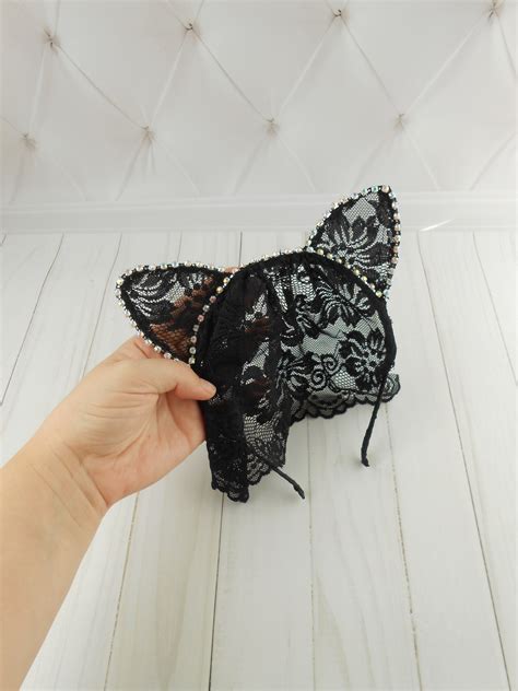 Black Cat Ears Headband Lace Kittenplay Ears Kitten Ears Bdsm Etsy