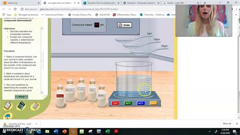 Add varying amounts of a chemical to a beaker of water to create a solution, observe that the chemical dissolves in the water at first, and then measure the concentration of the solution at the saturation point. Solubility Lab Visuals - YouTube