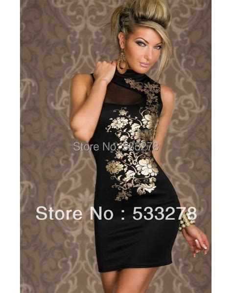 Wholesale Sexy Womens Clubwear Gold Flower Print Mini Dress Black