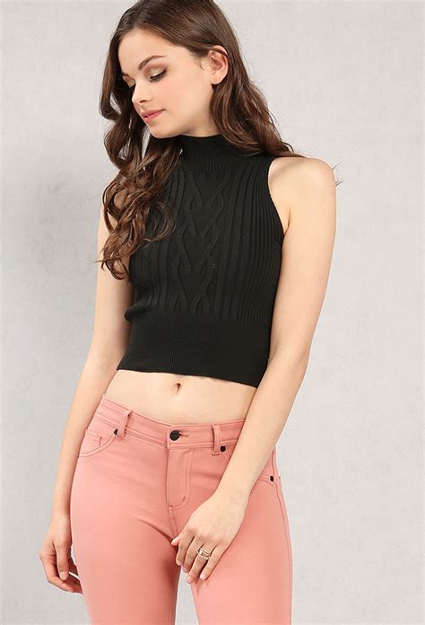 Cable Knit Mock Neck Crop Top Shop Old Cropped Tops And Bodysuits At