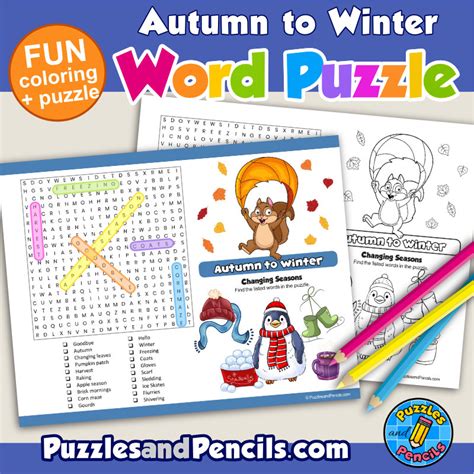 Autumn To Winter Word Search Puzzle Activity Page With Coloring
