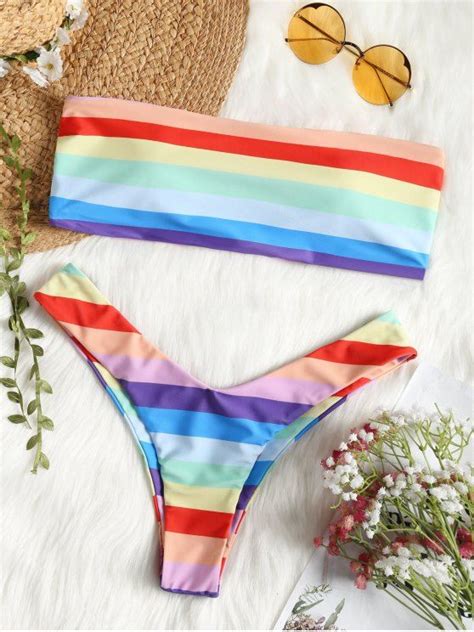 24 Off 2019 Bandeau Rainbow Color String Bikini Set In Multicolor
