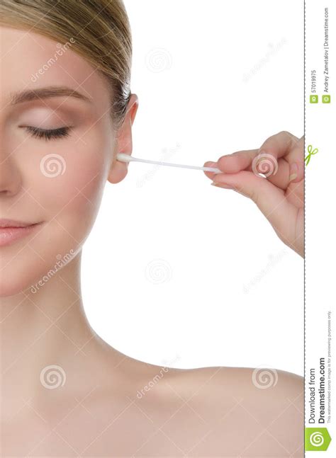 Woman Is Cleaning Ear With Cotton Swab Stock Image Image Of Happiness