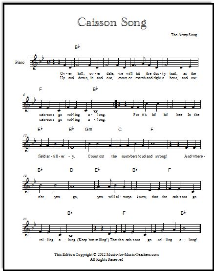 Army Theme Song The Caissons Go Rolling Along Free Sheetmusic In 7 Keys