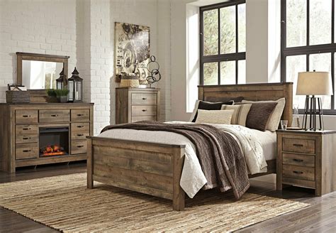 This king size headboard, footboard, and side rails are made of alder. Modern Rustic Brown w. Fireplace Bedroom Furniture - 5pcs ...