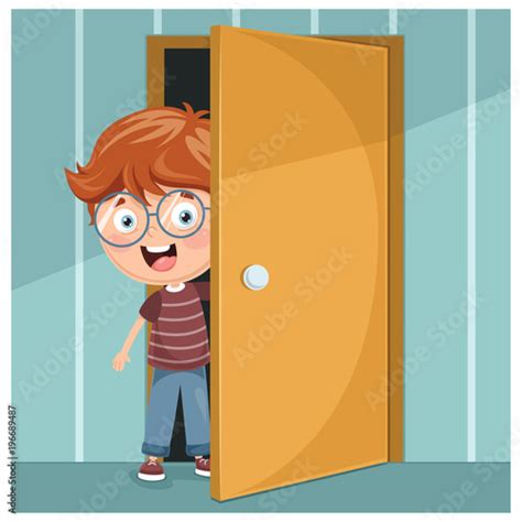 Vector Illustration Of Kid Opening The Door Stock Image And Royalty