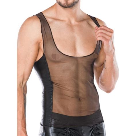 Sexy Gothic Men Tank Tops Shirt Mesh Faux Leather Gay Fetish Sleeveless