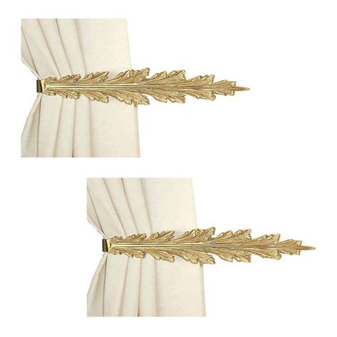 2 Vintage Pair Curtain Tie Back Holder Fern Leaf Bright Brass