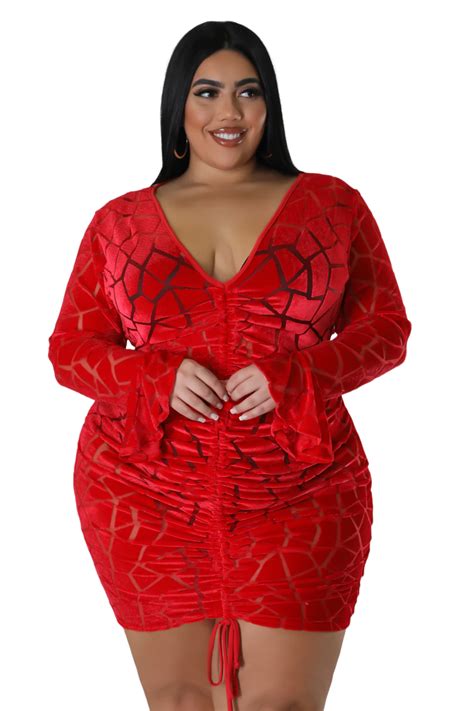 Final Sale Plus Size Bell Sleeve Velvet Mini Bodycon Dress With Ruched