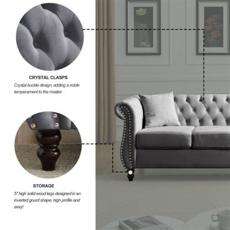 80 Chesterfield Sofa Grey Velvet For Living Room 3 Seater Sofa Tufted
