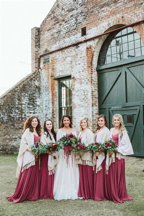 Winter Bridal Party Red Bridesmaid Dresses Cream Colored Shawls