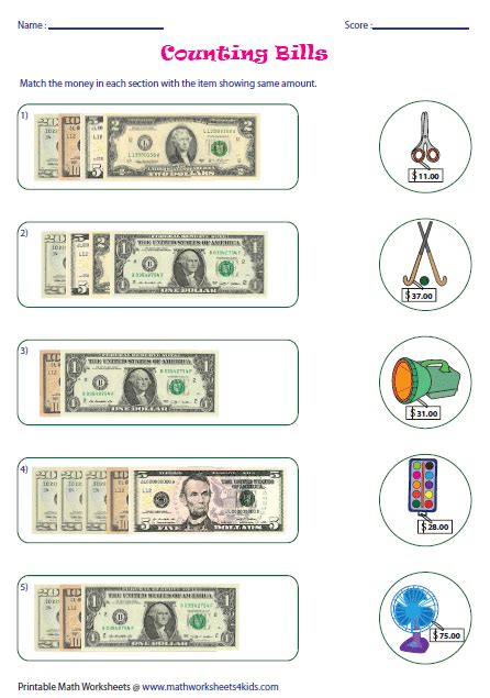 Identifying Dollar Bills Worksheet