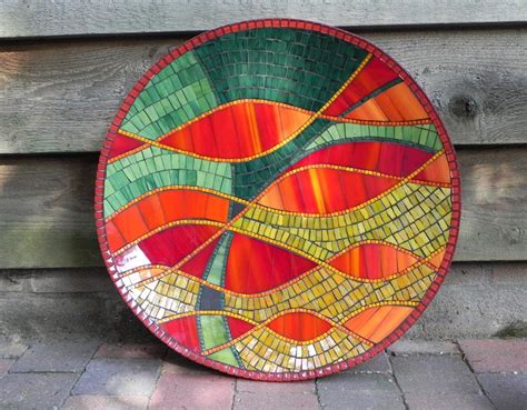 Mosaic Art Abstract Stained Glass Mosaic Dish In Red Green And Yellow Large Wall Or Table