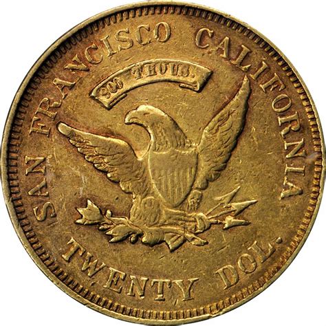 Photos, metal, purity and weight included 1855 California Gold 20 Dollars Wass and Molitor & Co ...