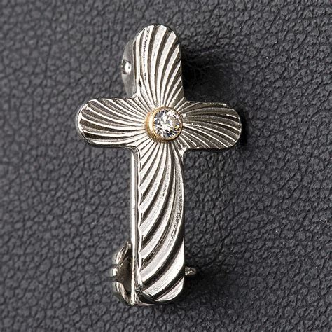 Clergy Cross Lapel Pin In Reeded 925 Silver Online Sales On