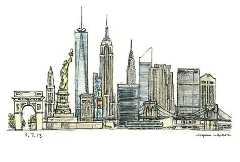 Skyscrapers of manhattan new york city in the summer. New York montage - Original drawings, prints and limited ...