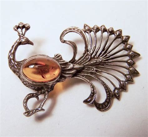 Vintage Sterling Silver Amber Peacock Pin Vintage Sterling Silver