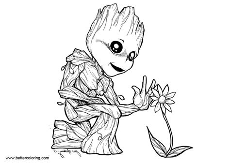 Complex flower coloring with patterns. Baby Groot Coloring Pages with Flower - Free Printable Coloring Pages
