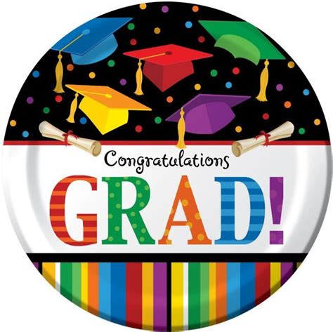 Congratulationss Grad Paper Plate With Colorful Graduation Caps And